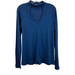 Express Womens Long Sleeve Choker Cut Out Semi Sheer Top Blue S